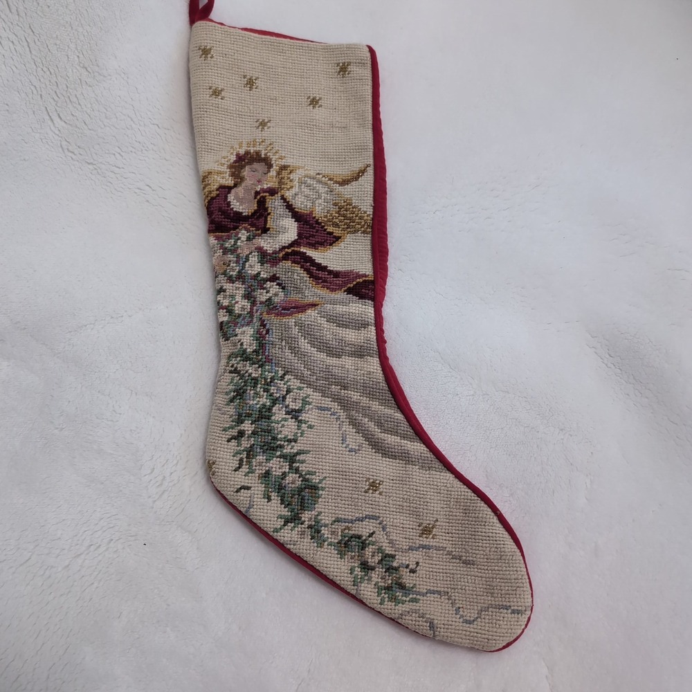 Vintage Needlepoint Christmas Stocking Cream Angel Velvet Backed